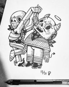 a pencil drawing of two cartoon characters