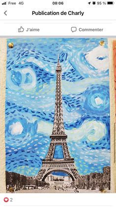 an image of the eiffel tower painted on paper with blue and white paint