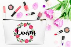 personalized makeup bag with flowers and lipstick