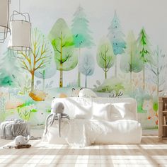 a child's room decorated in pastel colors with trees and animals painted on the wall