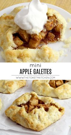 mini apple pies with whipped cream on top and the words, mini apple galetes