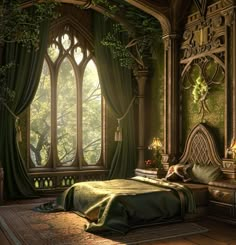 a bedroom with green curtains and a large window