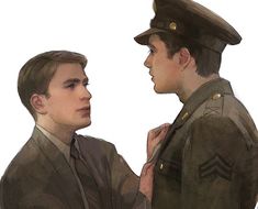 two men in uniforms are facing each other and one is touching his hand with the other hand