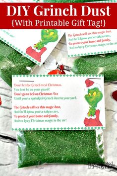 grinch dust with printable gift tags on it