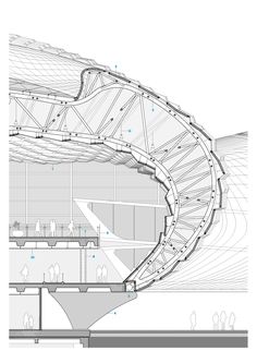 an architectural drawing shows the interior and exterior of a building with multiple sections, including a spiral