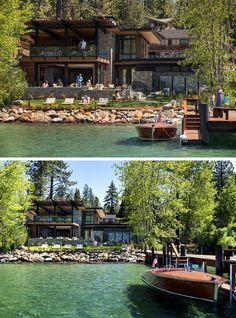 two pictures of a house on the water with people standing outside and in the front