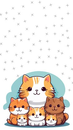 a group of cats sitting next to each other on top of a white background with stars