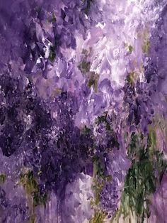 an abstract painting of purple flowers and trees