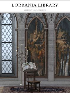 an open book sitting on top of a wooden table in front of a stained glass window