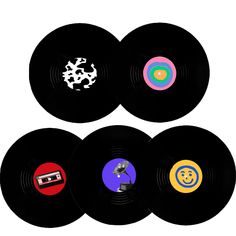 four vinyl records with different designs on them