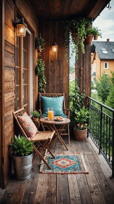 a wooden porch with two chairs and a rug on it