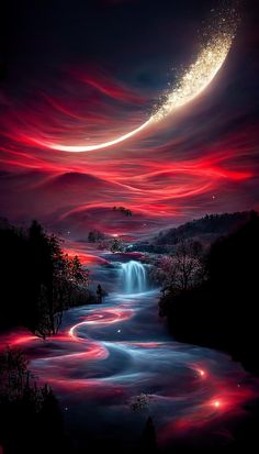 an artistic painting with red and blue swirls in the sky above a river at night