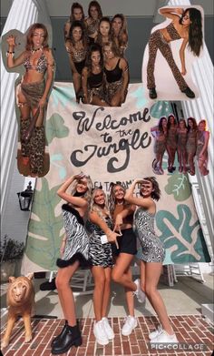 the girls are posing in front of a welcome sign