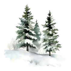 watercolor painting of trees in the snow