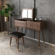 a wooden vanity with mirror, stool and potted plant in the corner next to it