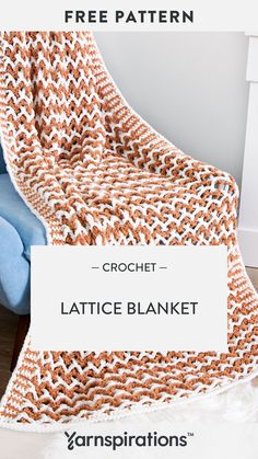 the crochet lattice blanket pattern is shown in orange and white