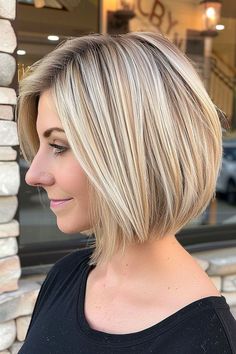 Sun-kissed short blonde bob with natural highlights, offering a warm, beachy look. Short Blonde Bob, Short Blonde Bobs, Natural Highlights