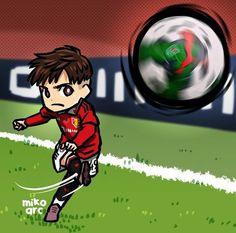 a soccer player is kicking the ball in front of an animated background that appears to be blurry