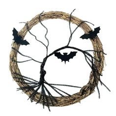 a halloween wreath with bats hanging from it's front and back ends, on a white background