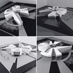 four different views of an architectural model in black and white, including the top part of a building