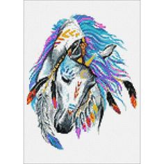 the head of a horse with colorful hair and feathers on it's face is shown in