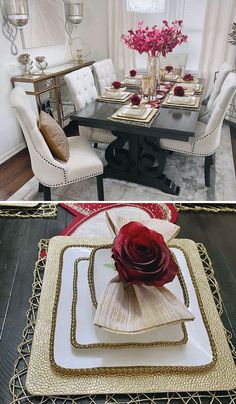 a dining room table set with place settings and flowers in vases on the plates