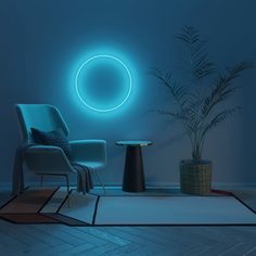 a chair and table in a room with a round light on the wall above it