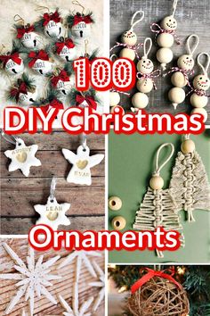 christmas ornaments and decorations are featured in this collage with the words 100 diy christmas ornaments