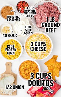 the ingredients to make this recipe include corn, cheese and other foods that are in bowls