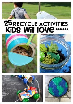 the collage shows different activities for children to play with in their own backyard area