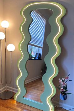 LED mirror. Tall wavy mirror in green Apartment Decor Y2k, Funky Floor Mirror, Mirror To See Back Of Head, Wavy Mirror Full Length, Aesthetic Full Length Mirror, Full Length Mirror Aesthetic, Curved Living Room, Curvy Mirror, Mirror Living Room