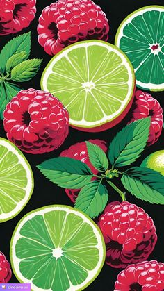 a bunch of limes and raspberries on a black background