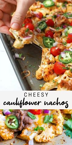 a cheesy cauliflower nachos with tomatoes, onions and green peppers