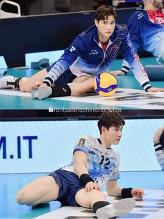 two pictures of a man laying on the ground with a volleyball ball in his hand