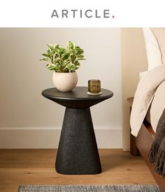 a black table with a potted plant on it next to a bed and rug