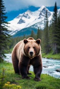 a large brown bear standing on top of a lush green field next to a river