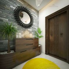 a living room with a yellow rug and wooden furniture in front of a round mirror on the wall