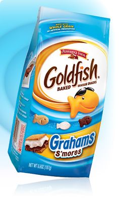 a bag of graham's goldfish crackers next to a blue and white background