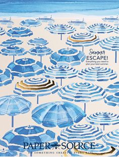 an image of blue and white umbrellas on the beach with words summer's escape