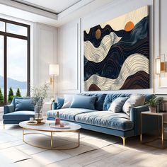 a living room filled with blue couches and a painting on the wall above them