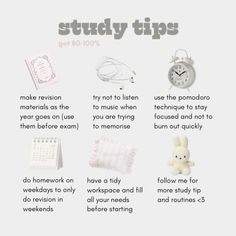 a white poster with words and pictures about things to do in the study tips section