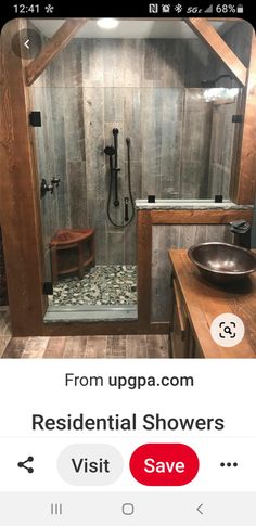 a bathroom with wooden walls and flooring is featured on the instagram for an app