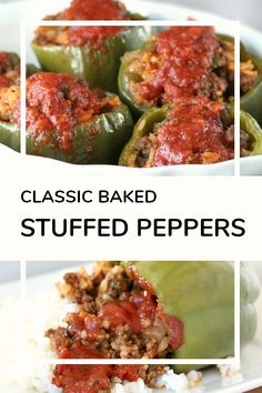 three different pictures of stuffed peppers on a white plate with rice and sauce in them