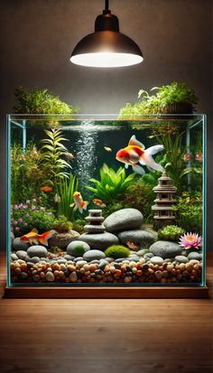 an aquarium with rocks, plants and fish in it is lit by a light fixture