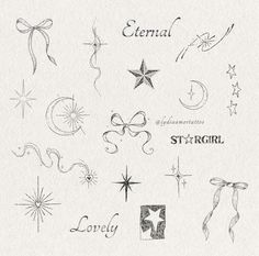 an ink drawing of various stars and ribbons with the words stargirl written on them