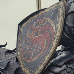 a close up of a knight holding a shield