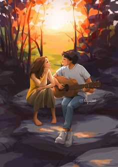 a painting of a man playing the guitar to a woman sitting on a rock with trees in the background