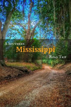 a dirt road surrounded by trees with the words, a southern mississippi road trip on it