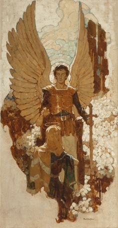 a painting of an angel standing next to a man