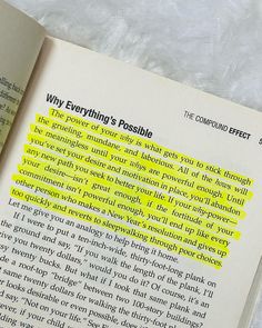 an open book with yellow highlights on the page and text underneath it that reads, why everything's possible